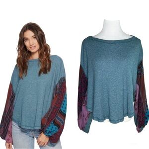 Free People We The Free Blossom Thermal Top Size XS NWT Teal Combo Bohemian